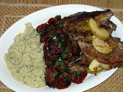 Stuffed pork chops with roasted tomatoes and spätzle