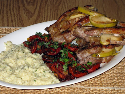 Stuffed pork chops with roasted tomatoes and spätzle