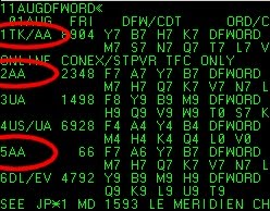 SABRE screen, DFW-ORD, AA flights circled