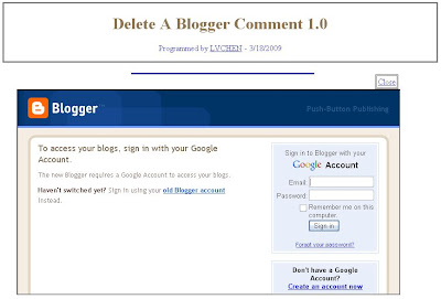 Blogger log in page for delete comment utility Blogger log in page for delete comment utility