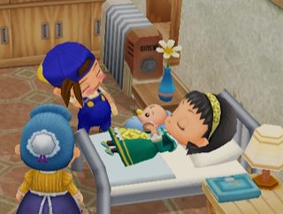 harvest moon beadroom with girl and baby on bed