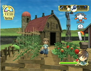 harvest moon farmer in field with barn and corn