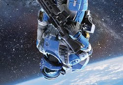 spaceman floating in space with weapon in hand