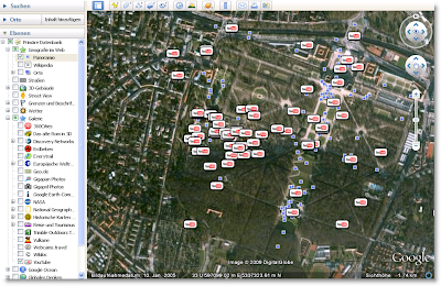 Ein Screenshot zeigt eine Satellitenkarte mit YouTube Icons drauf