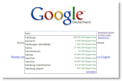 Ein Screenshot zeigt eine Google Suche mit Vorschlägen für Suchbegriffe, die mit "ham" beginnen