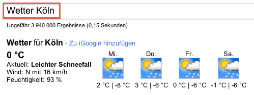 Screenshot von der Suchanfrage "Wetter Köln" in der Google Suche