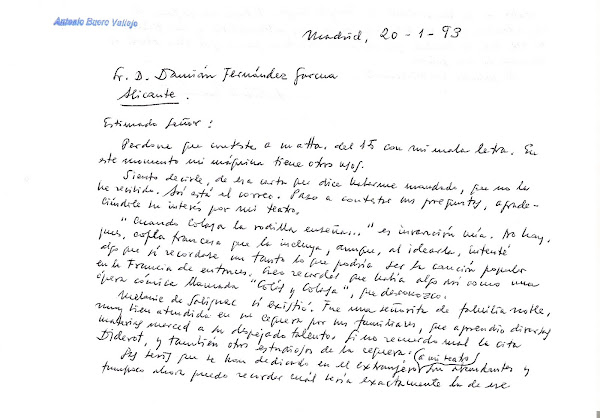 Carta de "Don Antonio Buero Vallejo" que envió a Damián, con fecha Madrid, 20 de Enero del año 1993