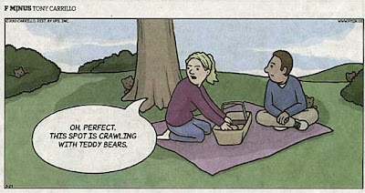 F Minus cartoon of two people at a picnic, with little bears peeking out at them