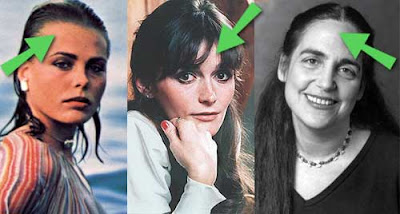 Photos of Margaux Hemingway, Margot Kidder and Margo Adler with green arrows pointing at their foreheads