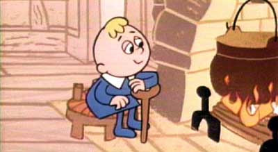 Screen grab of cartoon Tiny Tim sitting by the fire with his crutch