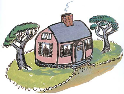 Loose, painted rendering of a pink house from a three-quarters angle