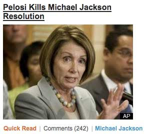 Photo of Nancy Pelosi with headline above Pelosi Kills Michael Jackson [new line] Resolution