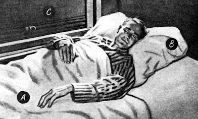 Vintage black and white illustration of a man in striped pajamas sleeping peacefully