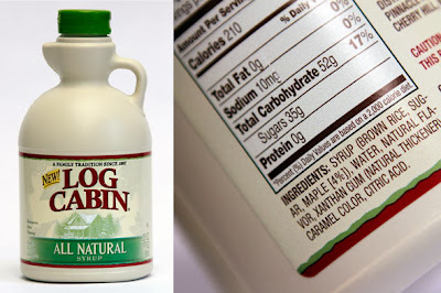 Log Cabin All Natural syrup bottle and close up of the ingredients list