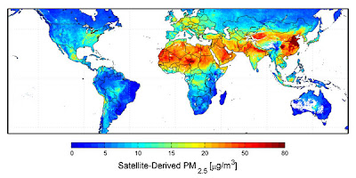 Global map showing heaviest air pollution in central Africa, Saudi Arabia, India and China