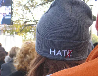 Knit cap with the word HATE embroidered on the edge. The E is crossed out with red, so it now reads HAT