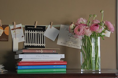ranunculus and book-themed shelfie | simple pretty