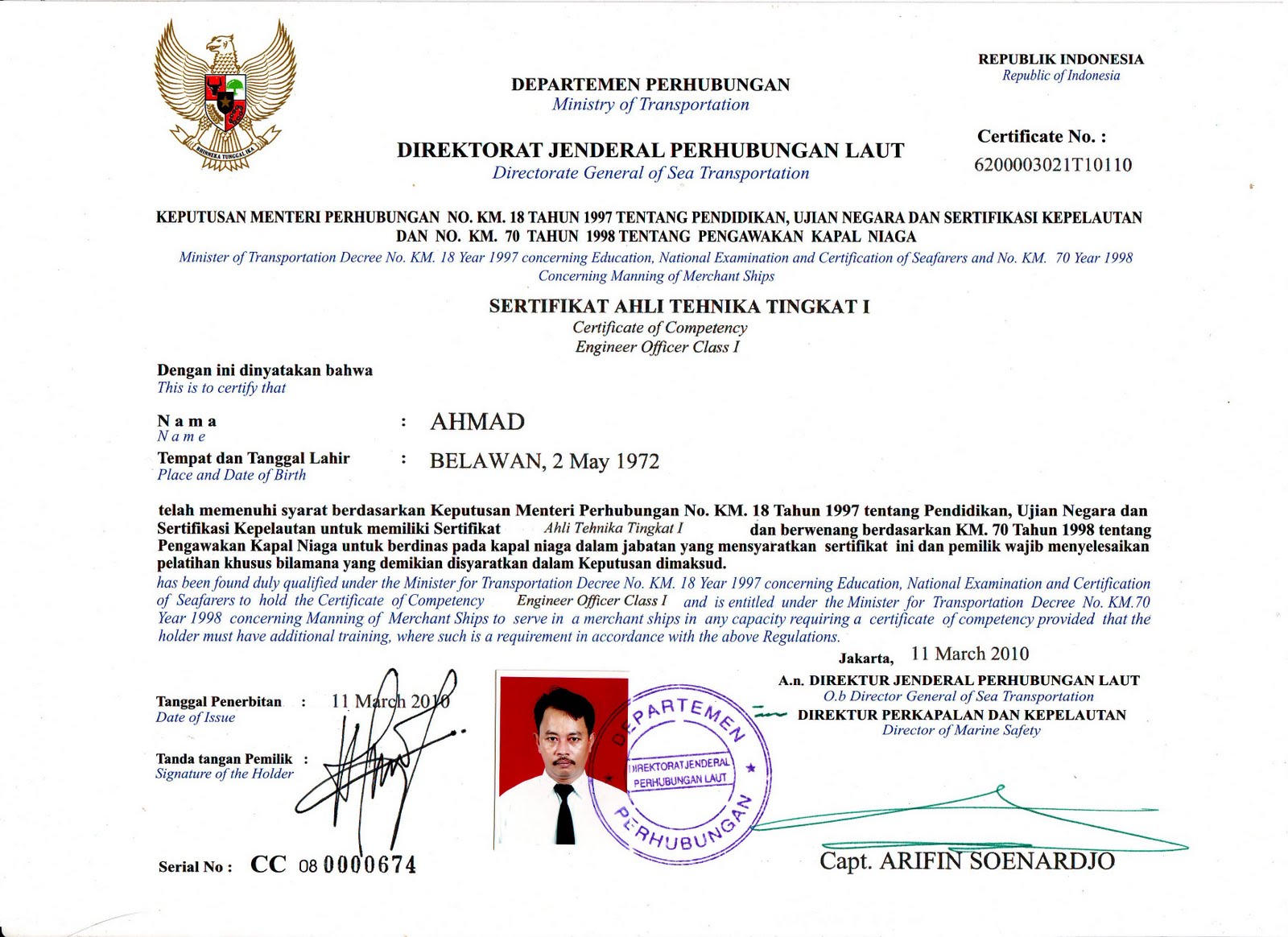 CVAHMAD CERTIFICATE OF COMPETENCE CLASS I