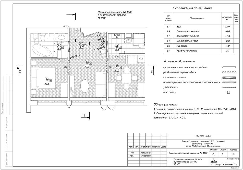 2008 ноябрь / апартаменты № 1106 в гостинице "Планета" / г. Минск / дизайн-проект