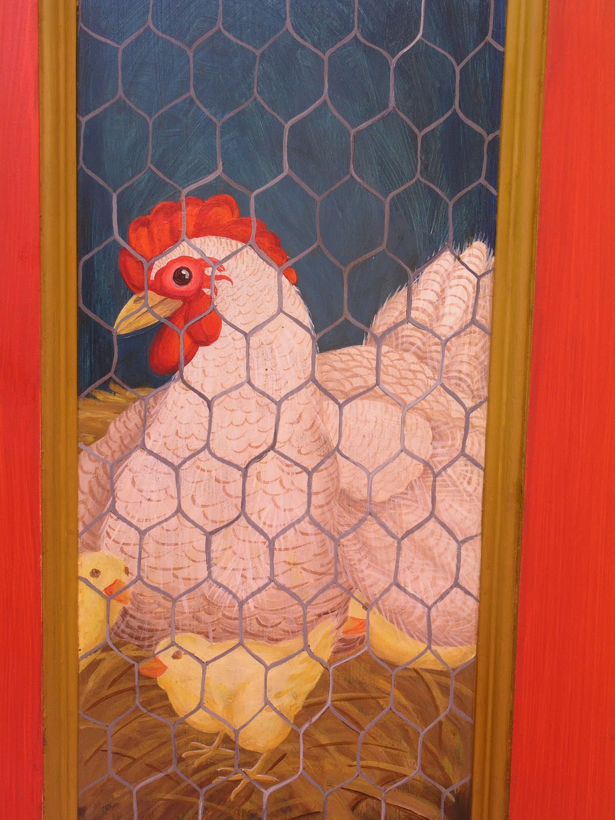 Salvage kitchen cabinets Trompe l'oeil painted postcards, recipe and travel souvenirs.