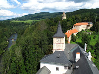 View from Rozmberk nad Vltavou Castle tower over the upper and lower castles