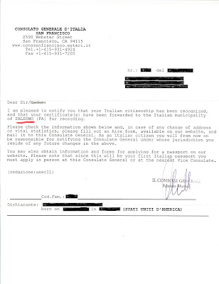 Italian Citizenship Notification Page Redacted