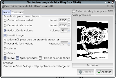 Inkscape: Cuadro de diálogo Vectorizar mapa de bits. Reducción de colores. Colores: 53. Invertir imagen. Suave. Apilar pasadas.