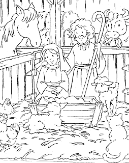 Child Jesus Christ in manger with Mother Mary and father Joseph coloring page for kids Christian drawing art black and white image