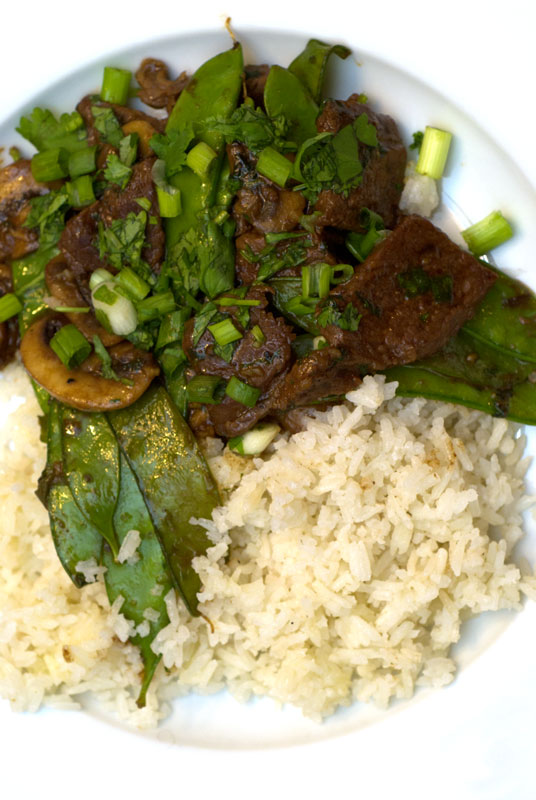 Beef, Shiitake & Snow Pea StirFry with Coconut Rice