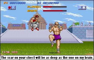 I thought 'Tiger Knee' was just the name of a move Sagat would eventually have, but as I look at his left leg, I'm starting to think there might be something literal behind it. Why is his knee so deformed? Why?! Tiger knee.