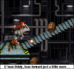 Are they really using Donkey Kong's head as a springboard to attack some barrels? In his own game? That's just low. Rhino in a factory.