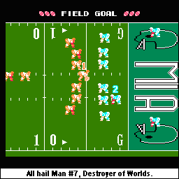 The kicker might not realize it yet, but he's about to fail miserably at his only job, and it won't be his fault. Death by linebacking.