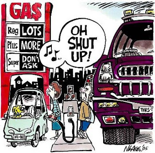 cartoon of an SUV owner getting gas and being smirked at by a compact car owner