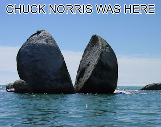 photo of a huge boulder split in half and a caption...chuck norris was here