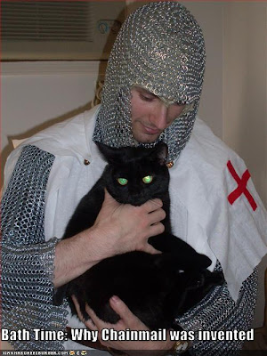 photo of a man in chain mail getting ready to give a cat a bath