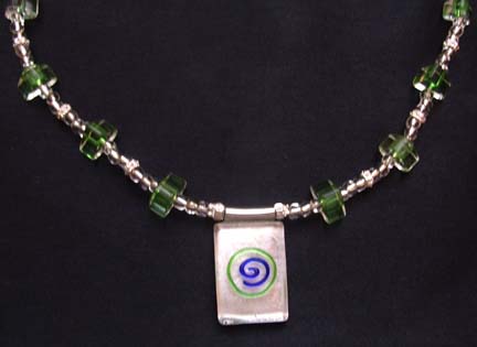 Green & Blue Glass Pendant Necklace (close-up)