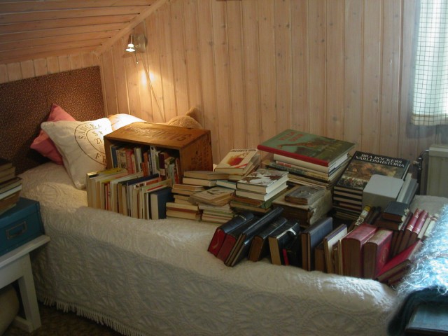 Glasbitar, lådor och gamla spetsar Apelsinfärgad(!) bokhylla och gamla böcker Glasbitar, lådor och gamla spetsar Apelsinfärgad(!) bokhylla och gamla böcker