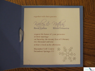 Winter Wedding Invitation 2 Snowflakes are embossed and irridescent ribbon