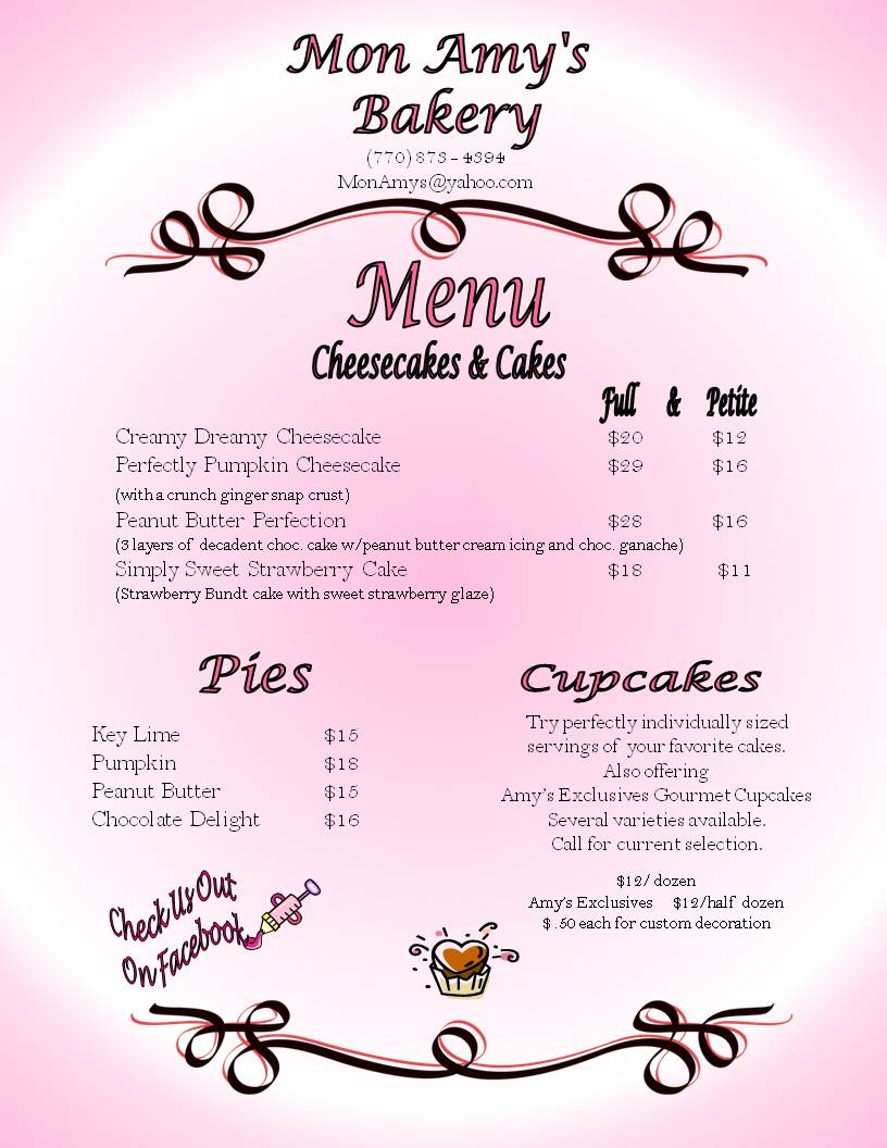 Mon Amy's Bakery Menu