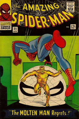 Amazing Spider-Man #35, the Molten Man is back Amazing Spider-Man #35, upon his return, Spidey launches himself at the Molten Man