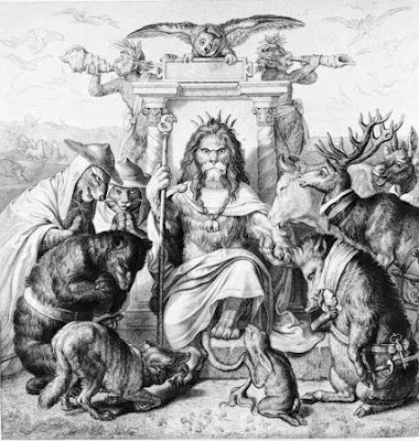 Wilhelm von Kaulbach: Huldigung der Tiere vor König Nobel, Frontispitz zu Goethes Reineke Fuchs, 1846. Stahlstich von Rudolf Rahn