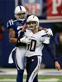Bob Sanders got a 15 yard penalty for taunting his former Iowa teammate Nate Kaeding after a missed field goal