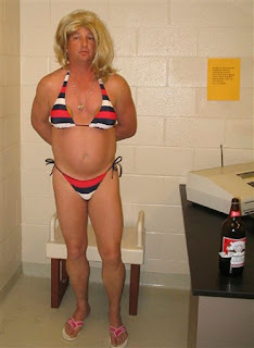 Steven Cole models a lovely striped bikini