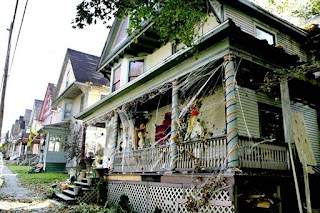 the porch of a home in Oil City, decorated for Halloween