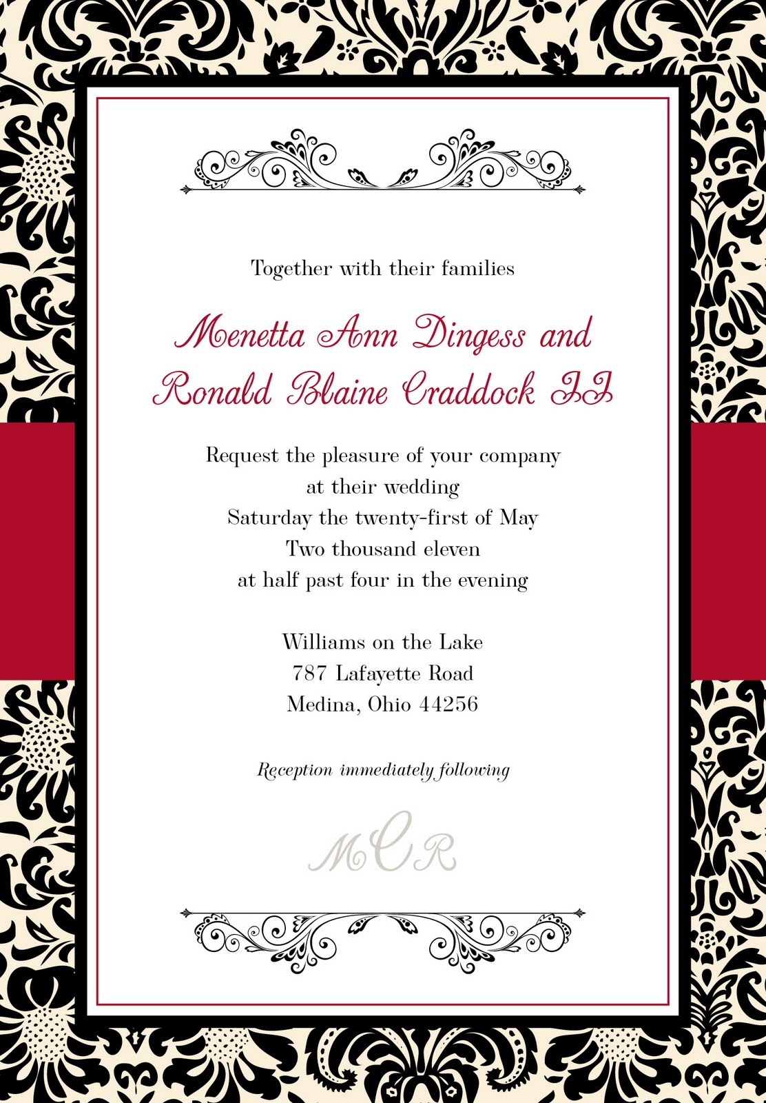 Black, Red, White and Ivory Damask Invitation Black, Red, White and Ivory Damask Invitation