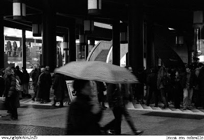 Fotografia in bianco e nero di donna con ombrello a passeggio per le vie di Milano