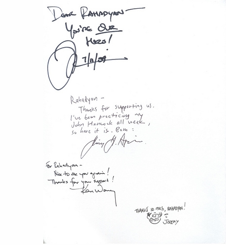 A signed page from Rahadyan Sastrowardoyo's copy of Secret Identities