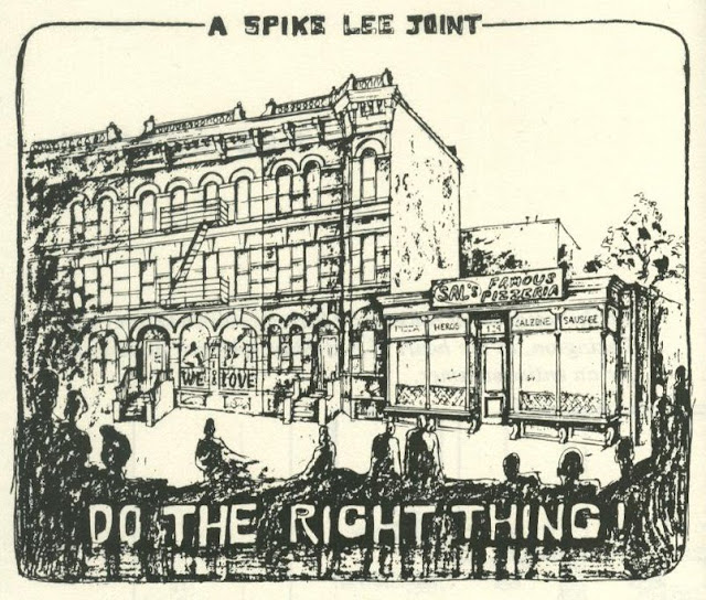 Wynn Thomas' sketch of Do the Right Thing's two most pivotal sets, We Love Radio and Sal's Famous Pizzeria