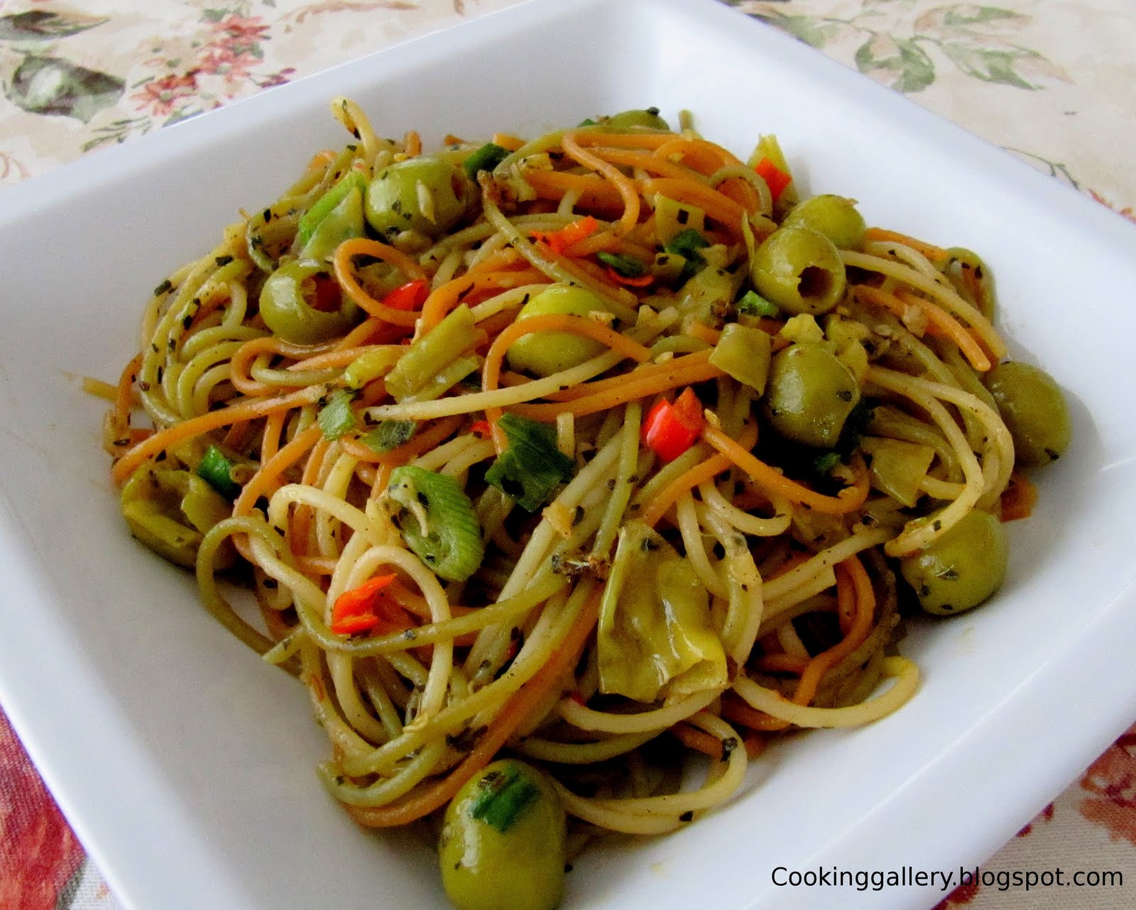 Spaghetti Aglio Olio with Olives and Pepperoncini Cooking Gallery