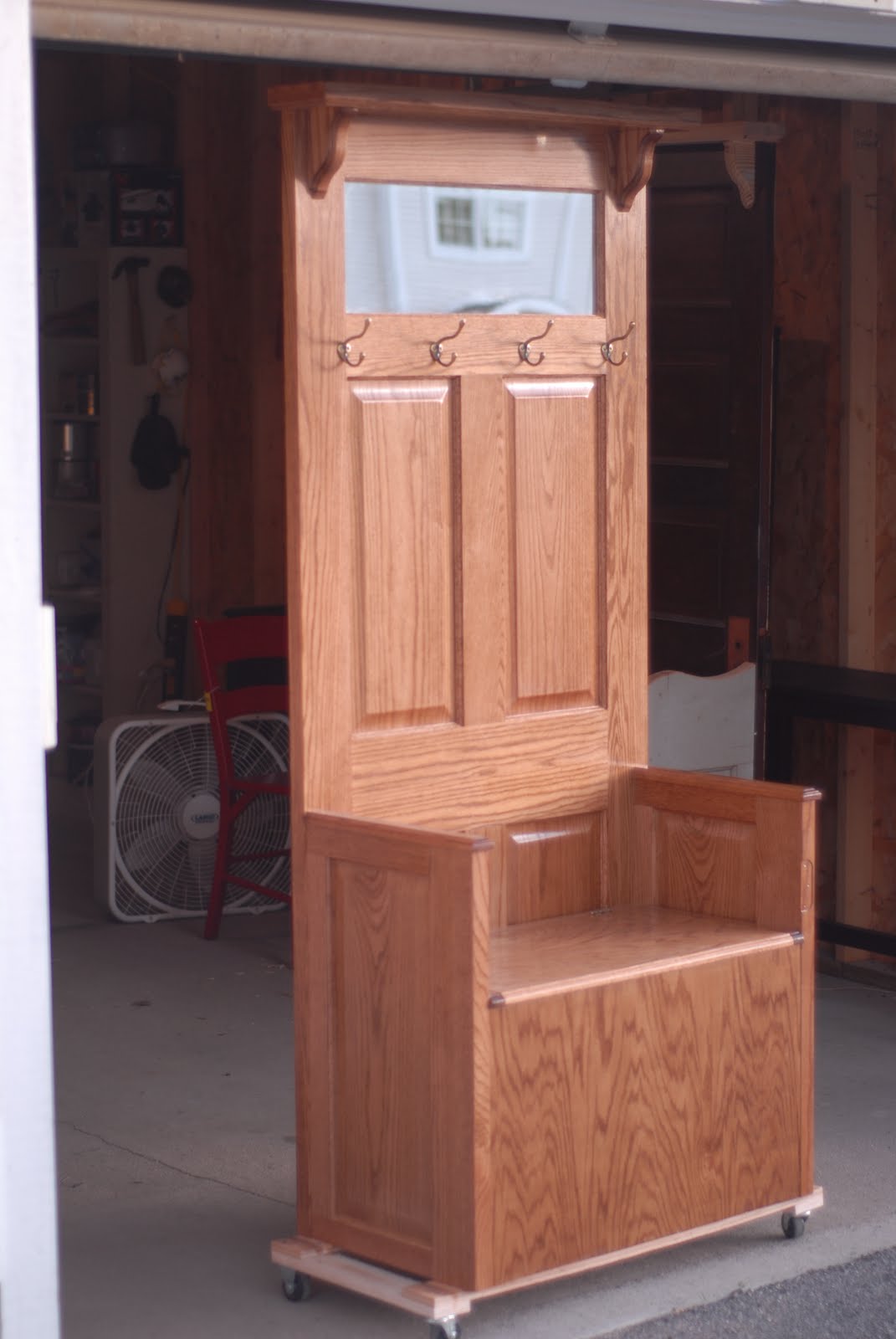 Door Furniture Oak Hall Tree with mirror and lidded seat